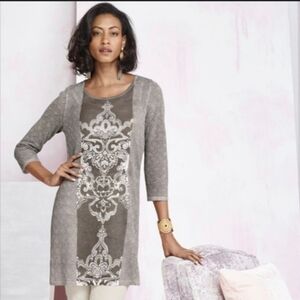 Chico's Mystic Scroll Athena Pullover Tunic Sweater Sz XS Ethereal Ornate Classy